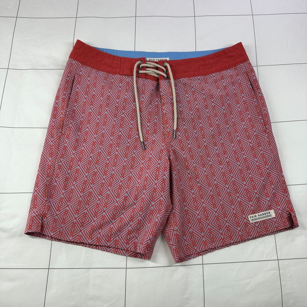 Fair Harbor Shorts Mens 33 Red Blue Hybrid Swim Athletic Geometric Print Lace Up